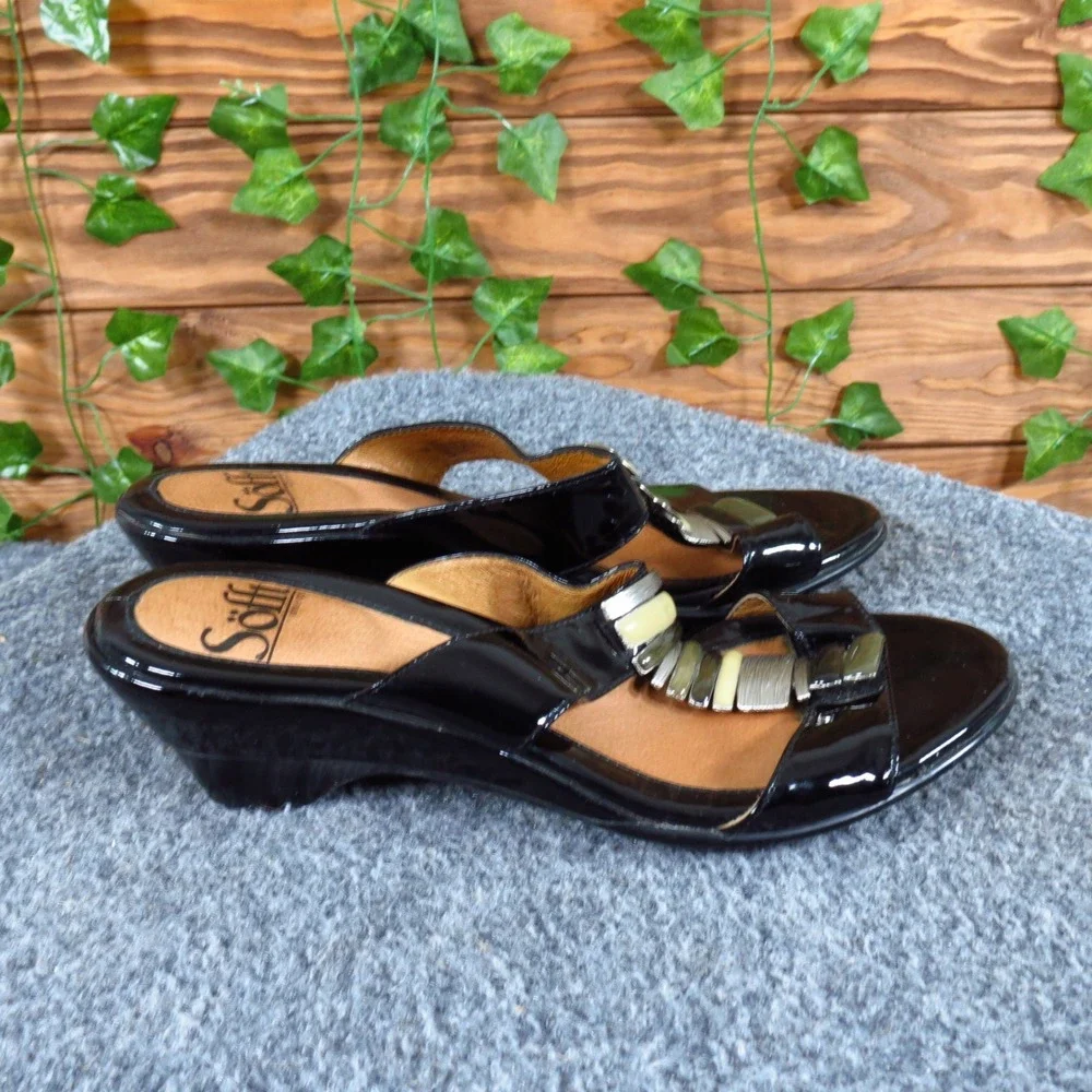 Sofft Black Patent Leather‎ Womens Wedge Sandal Size 6 Dressy Slide Sandals